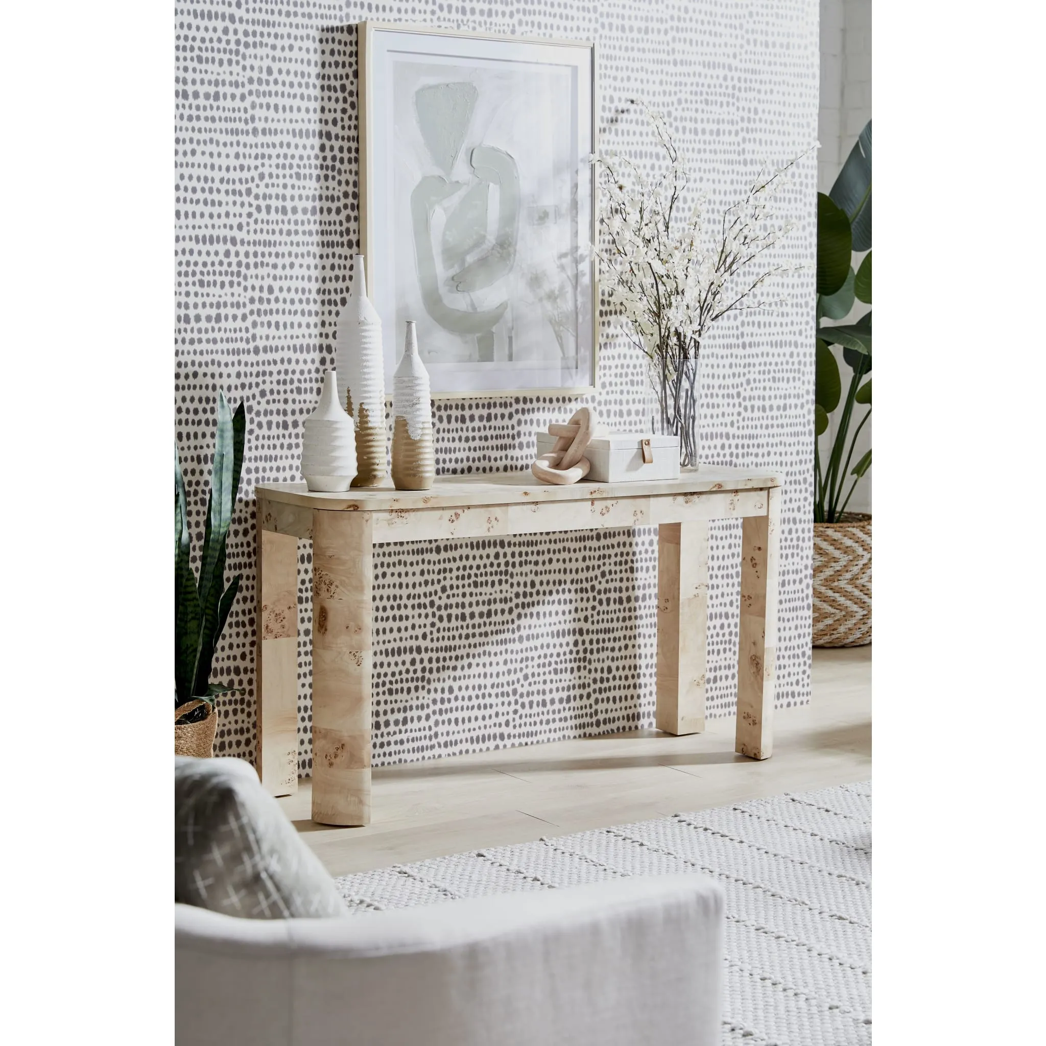 Cosmo Mappa Burl Console Table in Amber Kiss Modus
