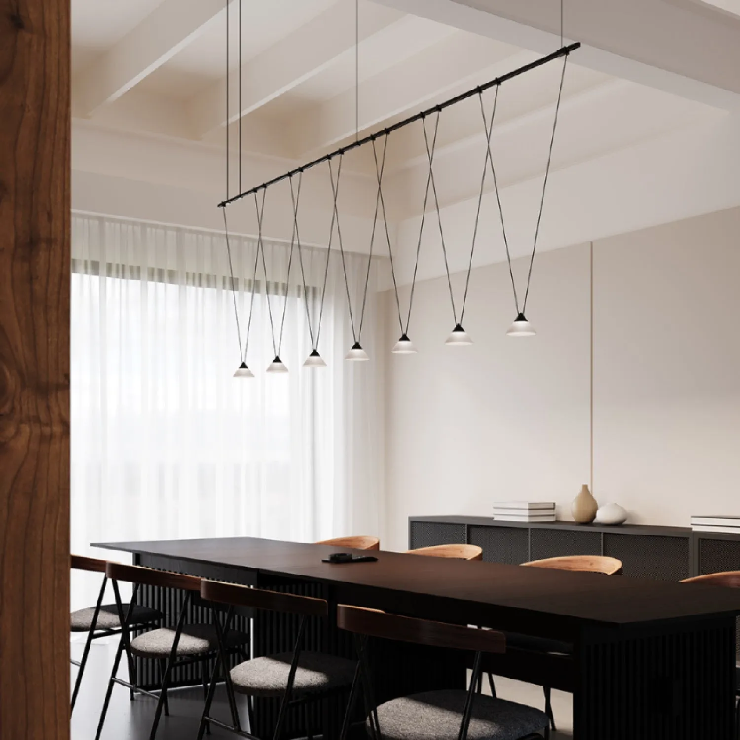 Suspenders / 8' Linear 1-Tier with V-Line Etched Glass Cone Pendant Lights / Satin Black