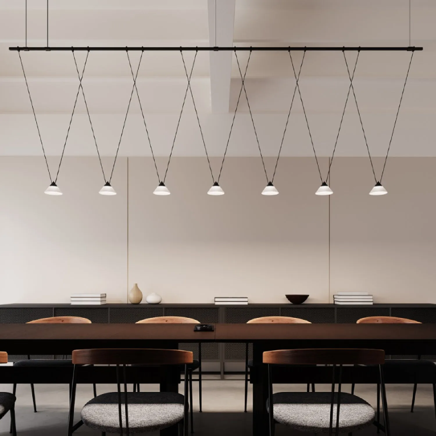 Suspenders / 8' Linear 1-Tier with V-Line Etched Glass Cone Pendant Lights / Satin Black