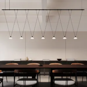 Suspenders / 8' Linear 1-Tier with V-Line Etched Glass Cone Pendant Lights / Satin Black